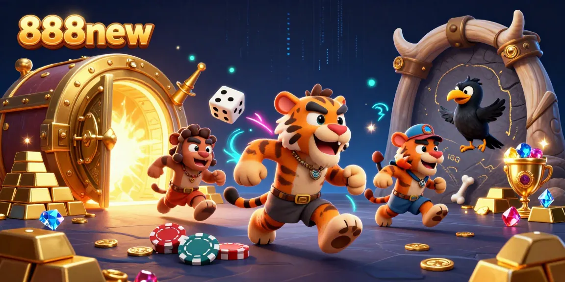 Experience exciting wins with 888new in a vibrant casino setting, featuring animated characters and treasures.