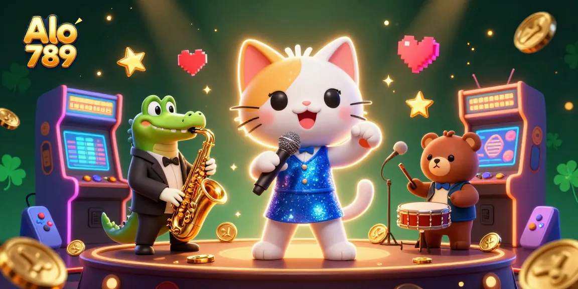 Experience thrilling moments at Alo 789 casino with a vibrant 3D jazz scene showcasing a cat singer and colorful gaming elements.