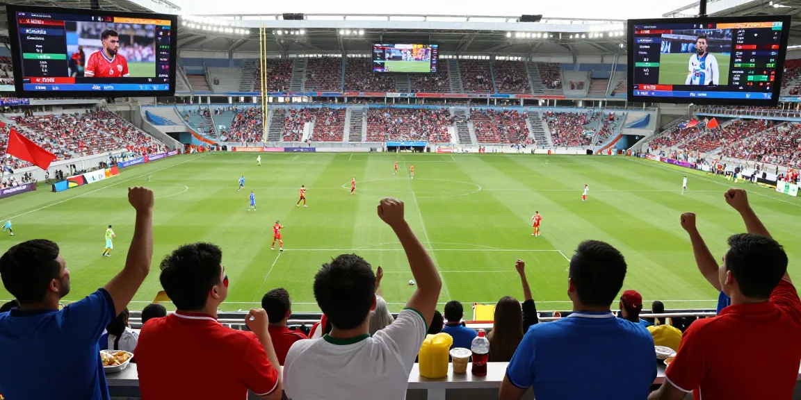 Engaging live football scene with fans cheering during kora live broadcast of a match in a vibrant stadium atmosphere.