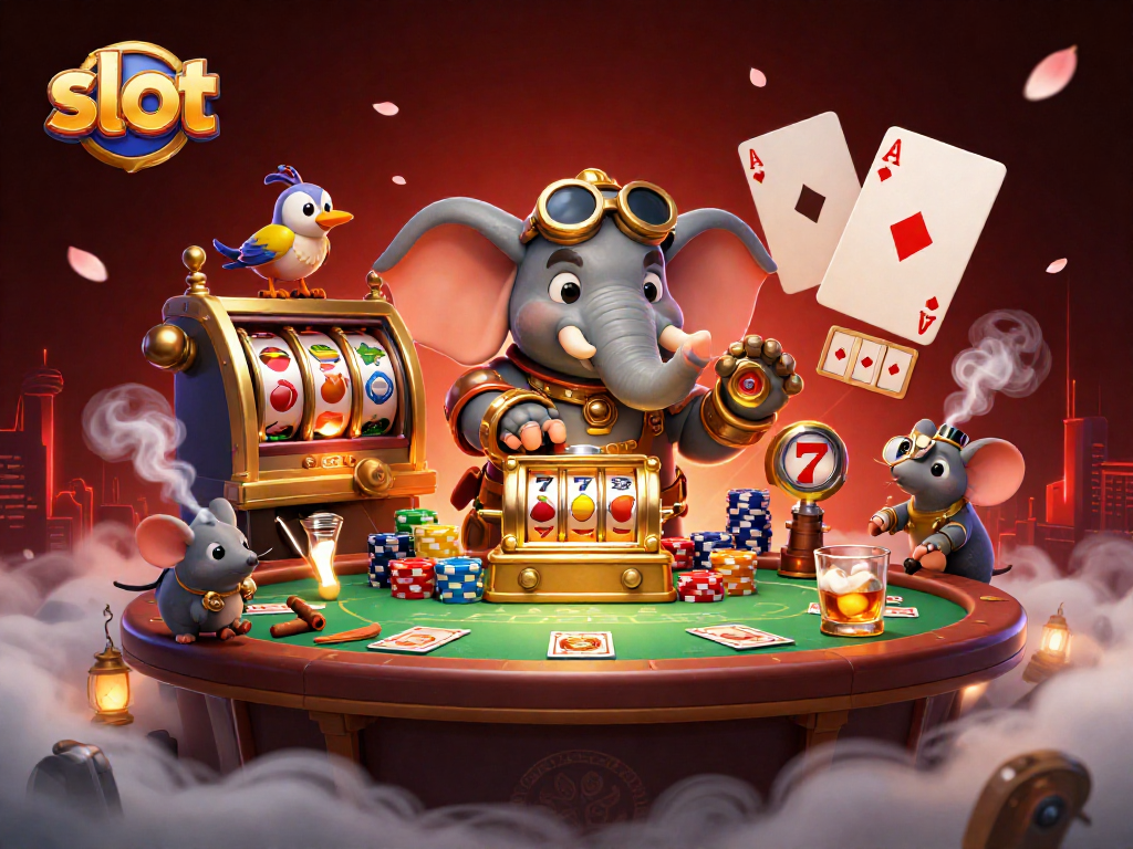 Spin the slot reels with excitement in this lively 3D casino scene featuring characters and game elements.