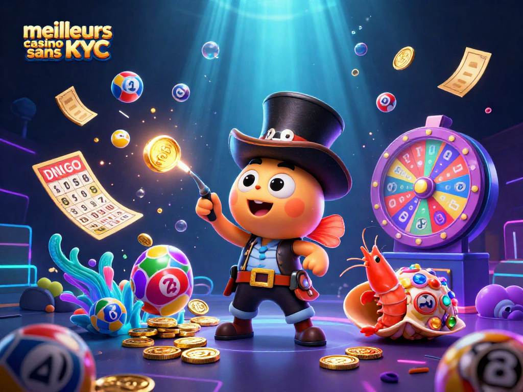 Meilleurs casinos sans KYC : illustration captivante d'un univers de jeux avec des personnages animés, des ballons et des tickets d'or.