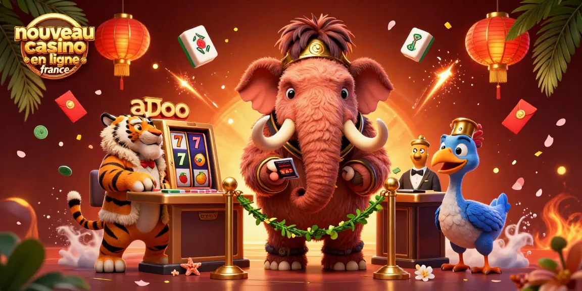 Représentation colorée d'un nouveau casino en ligne France avec un mammouth et un tigre VIP.