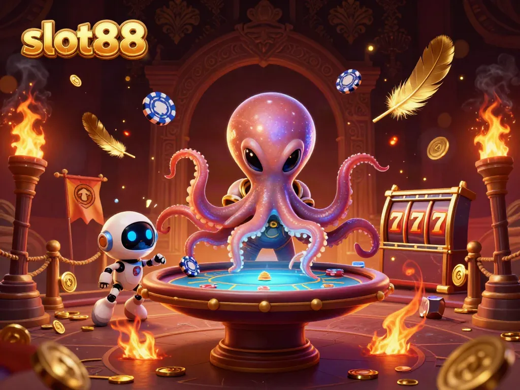 Experience the thrill of slot88 with a vibrant alien octopus and robotic companion at a holographic poker game!
