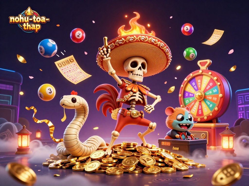 Engage with nohu-toa-thap as festive characters celebrate lottery wins amid vibrant casino elements.