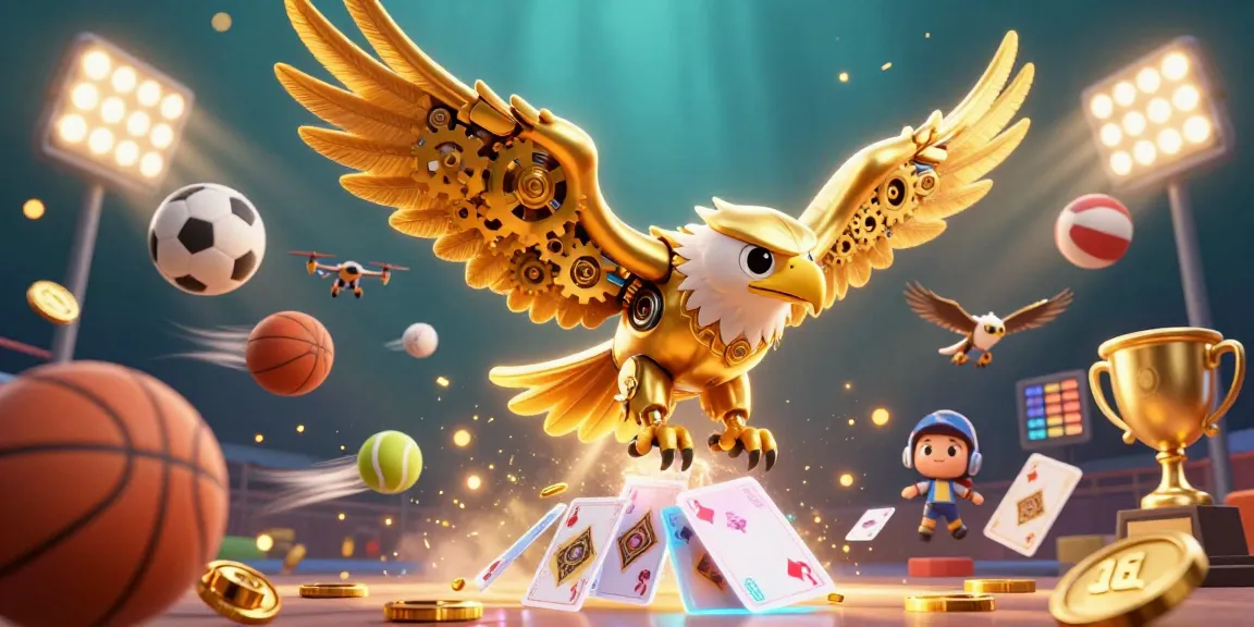 Experience thrilling gameplay with llwin, featuring a dynamic scene of a golden eagle and vibrant sports elements.