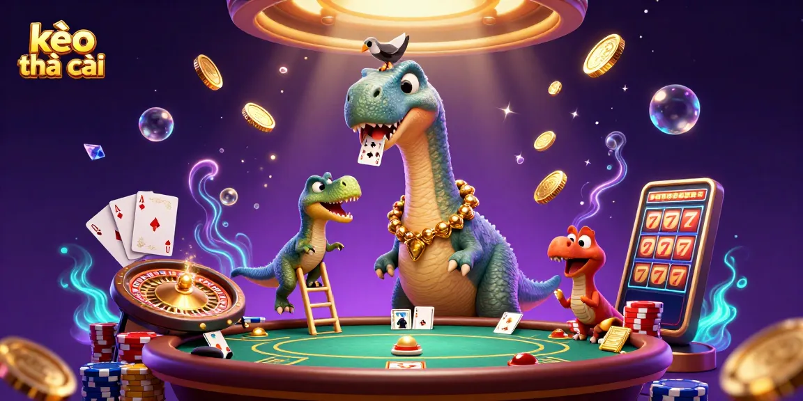 Experience the thrill of kèo nhà cái with a whimsical casino scene featuring a brontosaurus, raptor dealer, and coins!