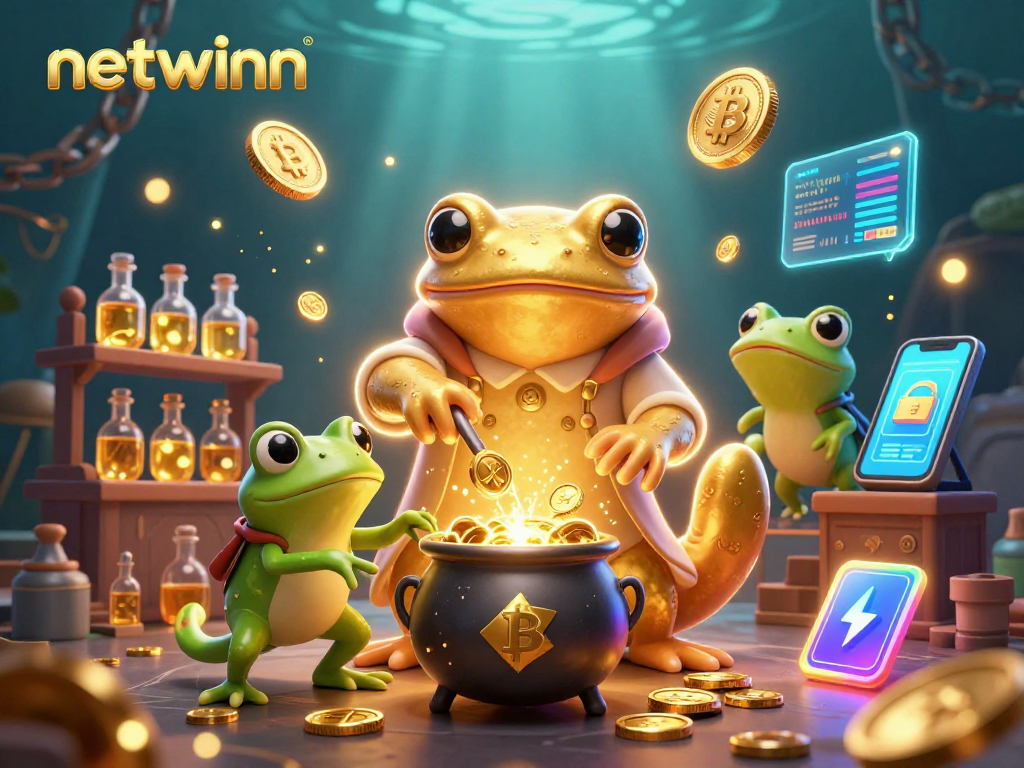 Experience the magic of netwinn as playful characters transform gold in a vibrant casino scene.