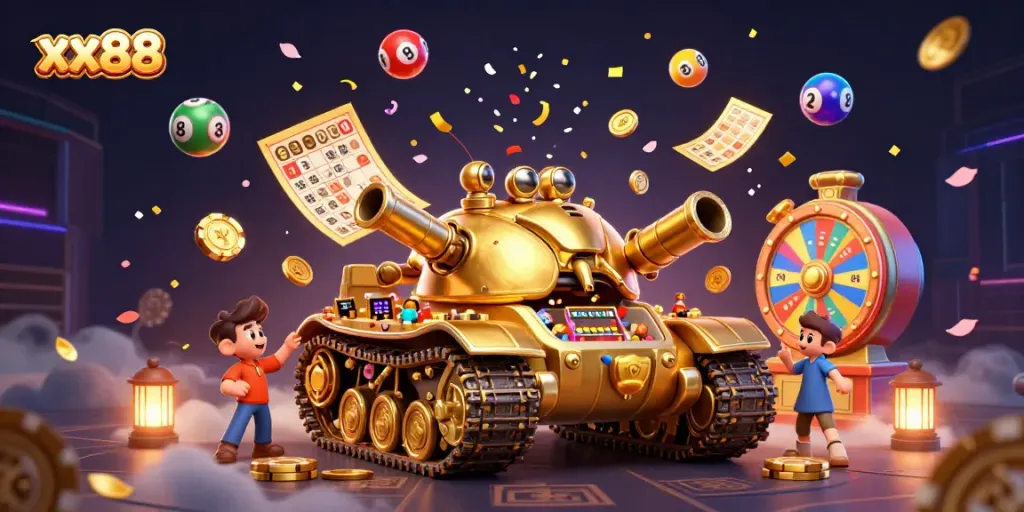 Engage with exciting gameplay at xx88, featuring a miniature golden beetle casino amidst vibrant animations.