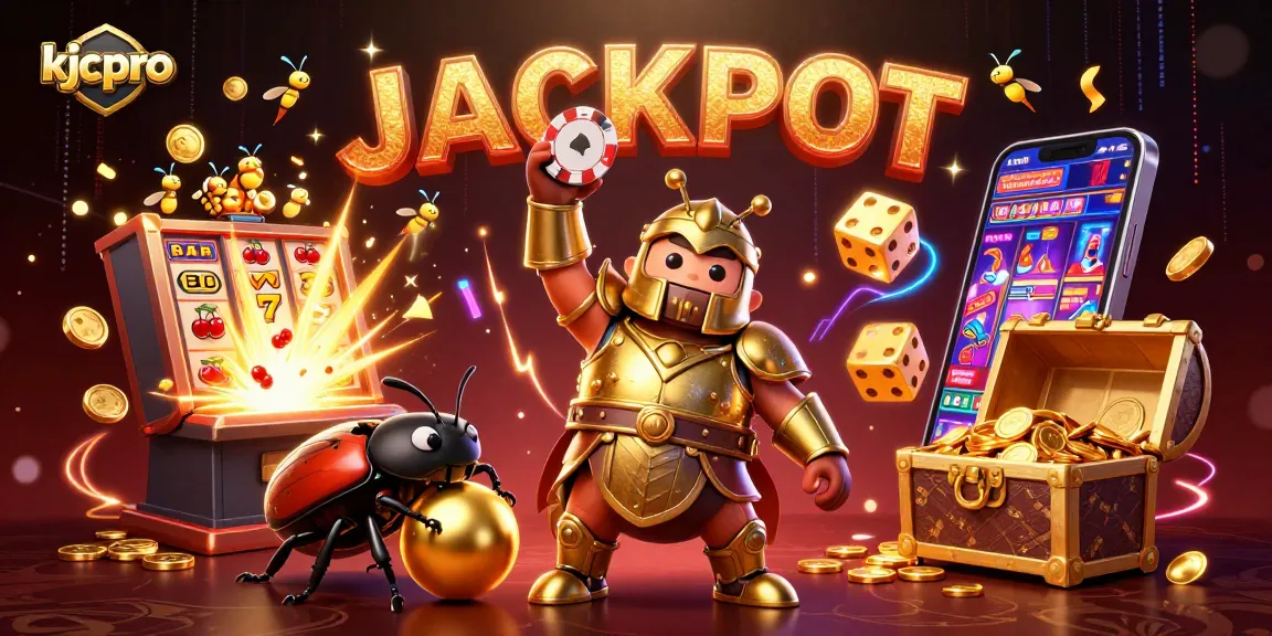 Celebrate wins at kjcpro with a heroic beetle lifting a jackpot poker chip, amid dynamic casino elements.