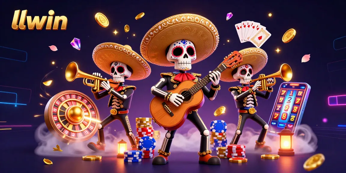 Experience the excitement of llwin as mariachi skeletons celebrate casino wins amidst golden coins and vibrant gaming elements.