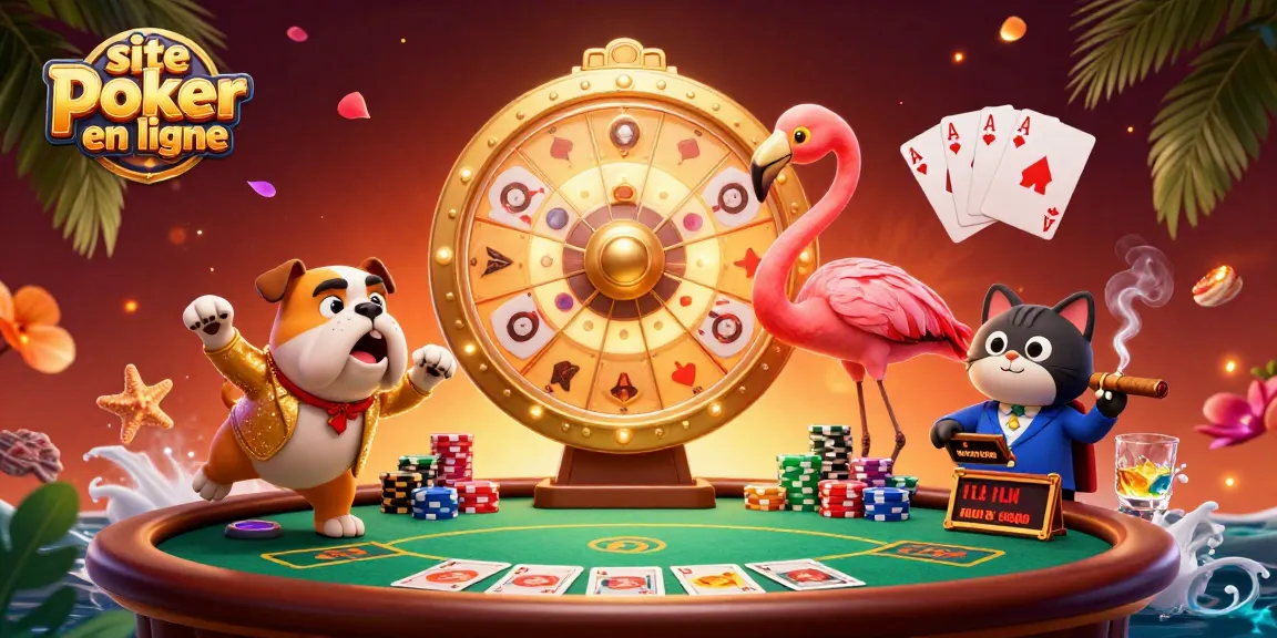 Jouer au site poker en ligne avec des personnages animés, jetons colorés et ambiance festive