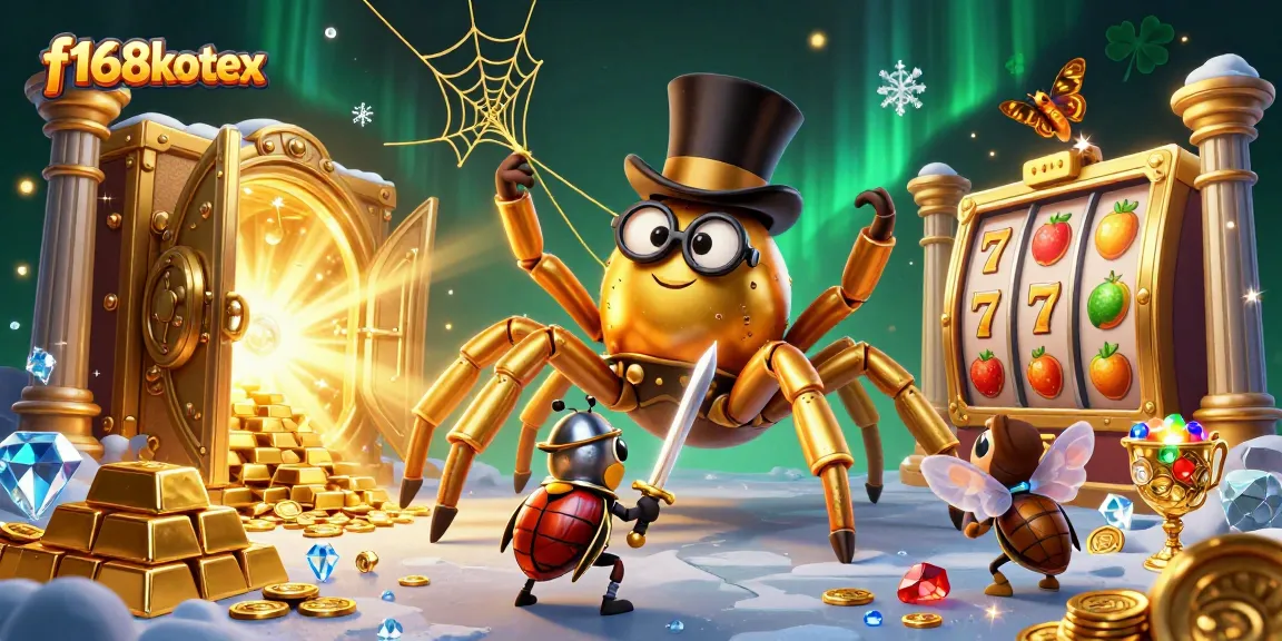 Experience the excitement of f168kotex with a golden tarantula and beetle knight amidst vibrant slot symbols.