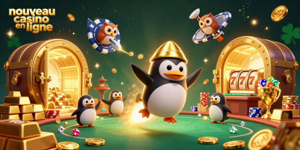 Image illustrative d'un nouveau casino en ligne avec un pingouin en or propulsé par fusée parmi des pièces d'or et des machines à sous.