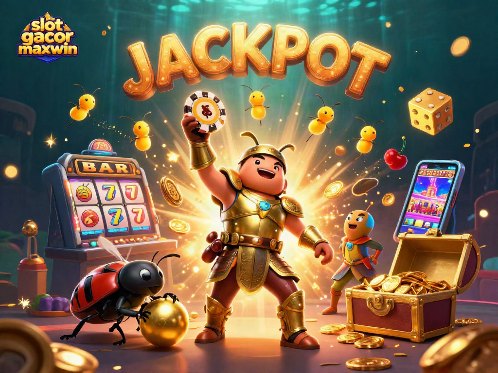 Engage with slot gacor maxwin as a victorious beetle lifts a poker chip amidst a jackpot explosion.