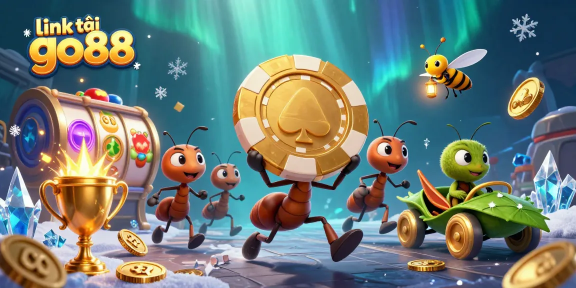 Engaging scene of ants executing a heist while carrying a giant poker chip, showcasing link tải go88.