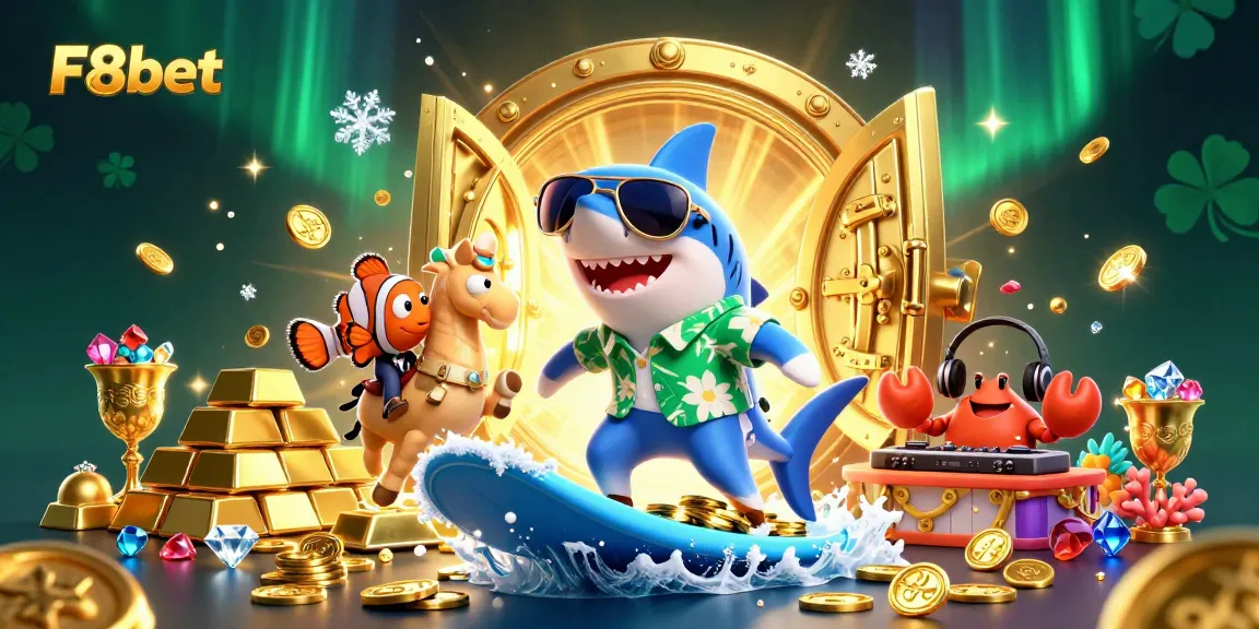 F8bet's thrilling casino experience, with a shark surfer and DJ crab above gold coins and treasures.