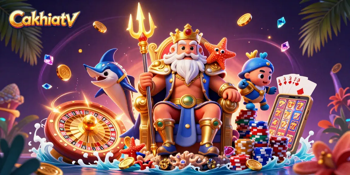 Cakhiatv showcases an adventurous gaming scene animated with Neptune's glow, dazzling casino elements, and vibrant characters.