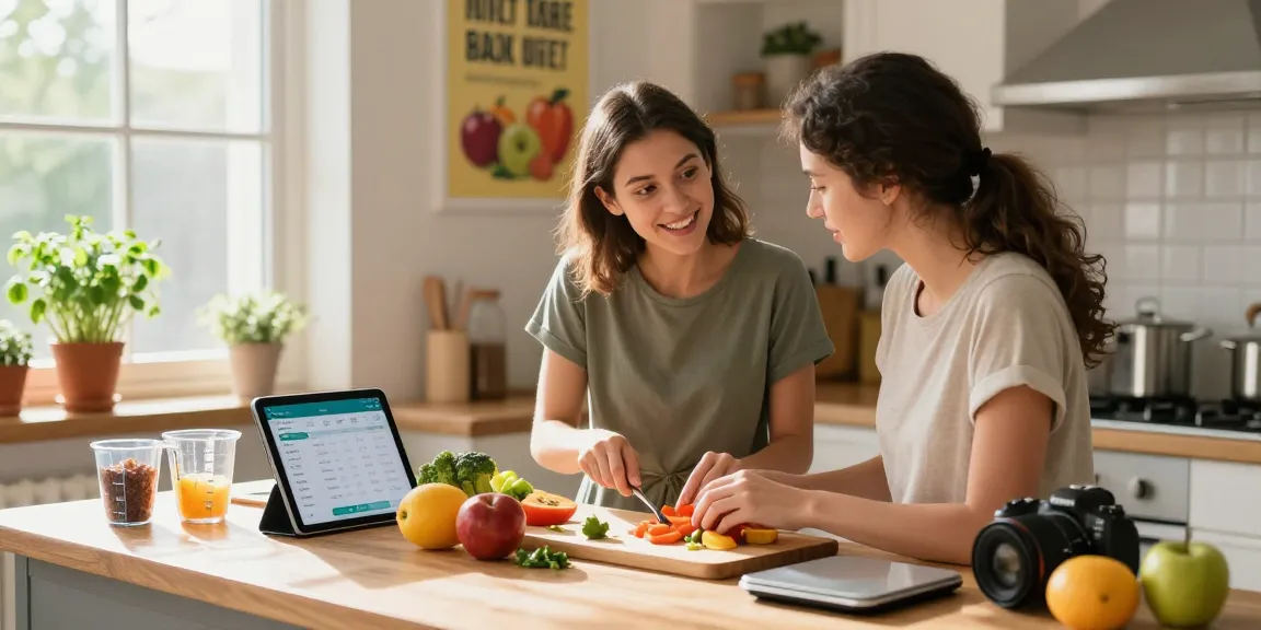 Best AI macro tracker helping a nutrition coach guide a client in a bright kitchen.