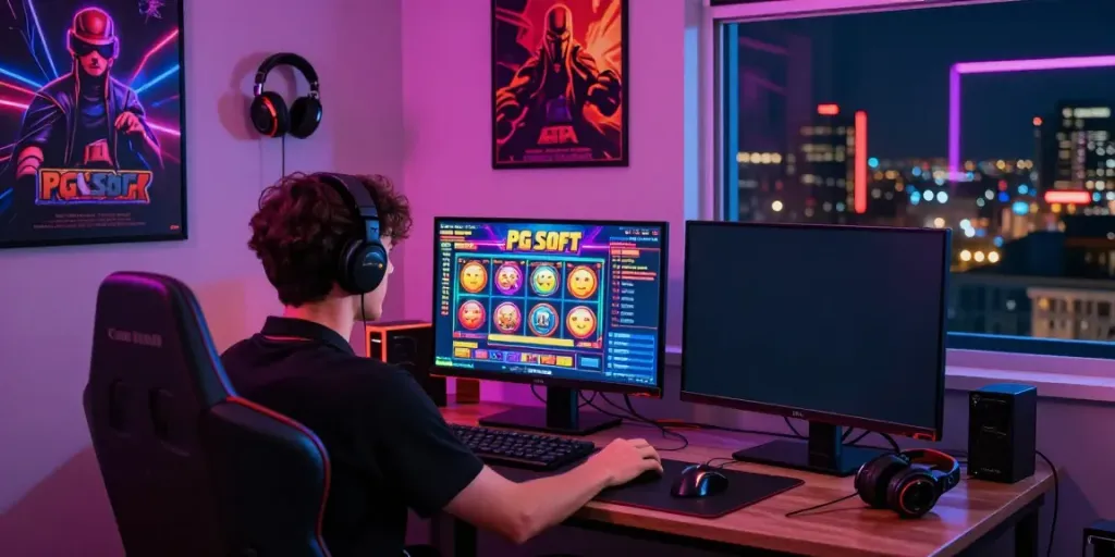 Player enjoying an exciting slot gacor session on dual monitors with glowing neon lights.