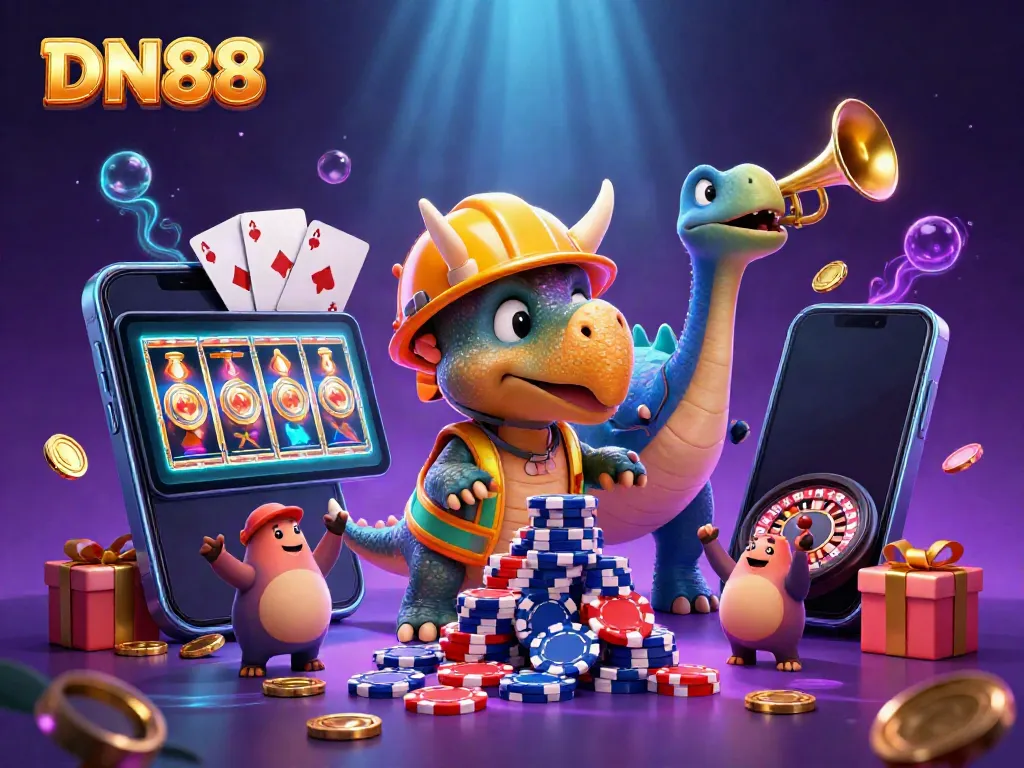 Engage with DN88's exciting online gambling world featuring vibrant animations of fun characters in a festive casino.