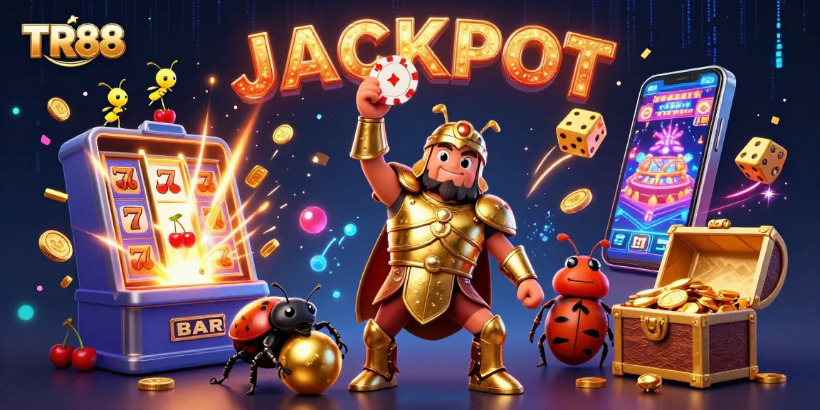 TR88 showcases a victorious beetle in gladiator armor celebrating casino winnings amidst dynamic gaming elements.