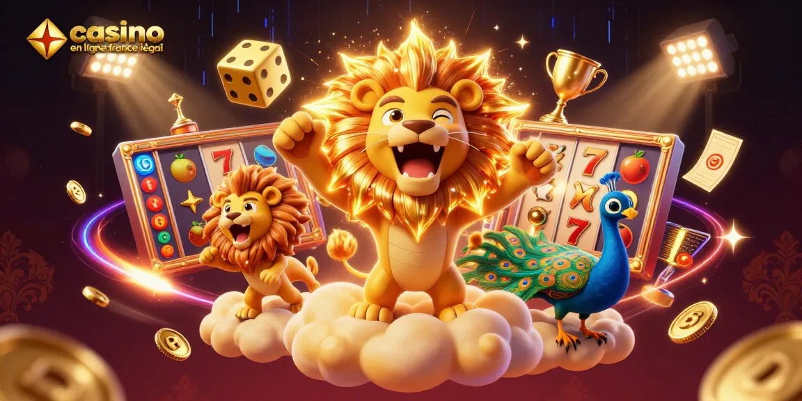 Illustration dynamique représentant un lion solaire sur un nuage doré avec des dés dorés, mettant en avant le casino en ligne légal en France et les jeux de machines à sous.