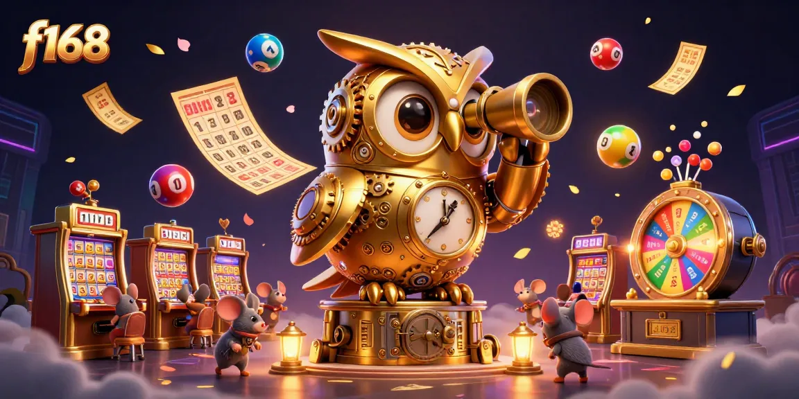 Experience thrilling gameplay at f168 with dynamic lottery balls, a golden owl, and vibrant casino elements.