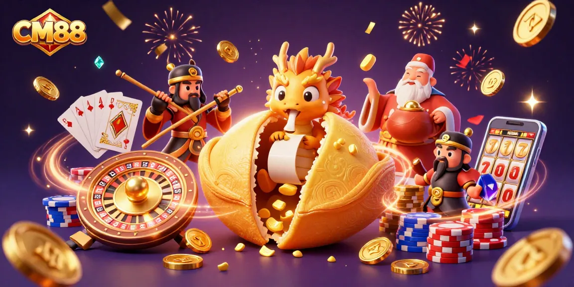 CM88 players winning with a golden fortune cookie and a dragon in a vibrant casino scene.