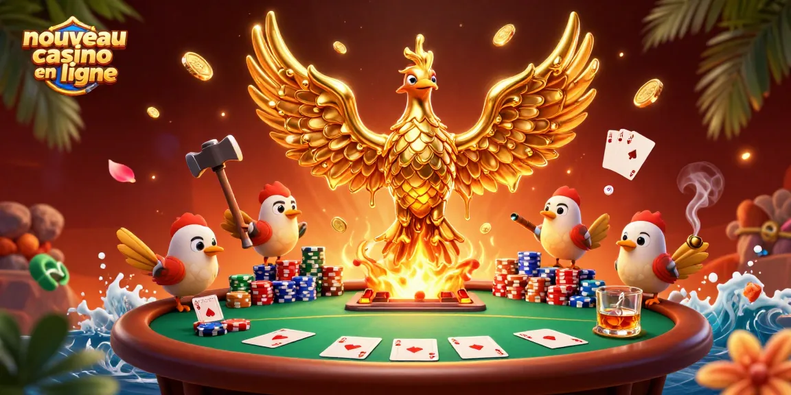 Plongez dans l'univers du nouveau casino en ligne avec un phoenix doré éblouissant et des éléments de poker dynamiques.