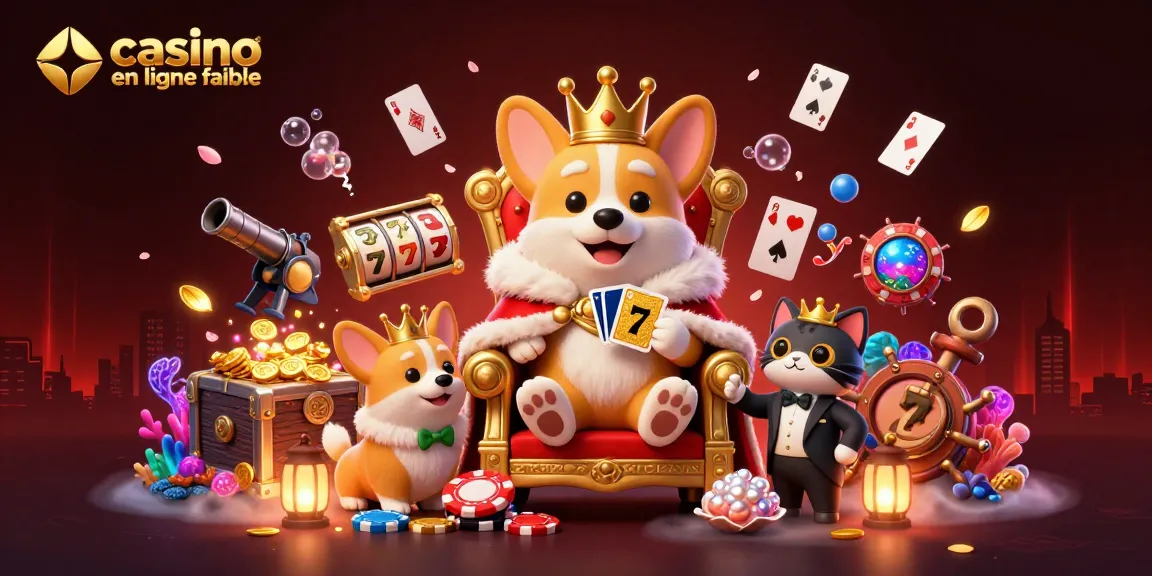 Illustration d'un casino en ligne fiable mettant en scène un corgi royal avec une couronne, entouré d'éléments de jeu exaltants.