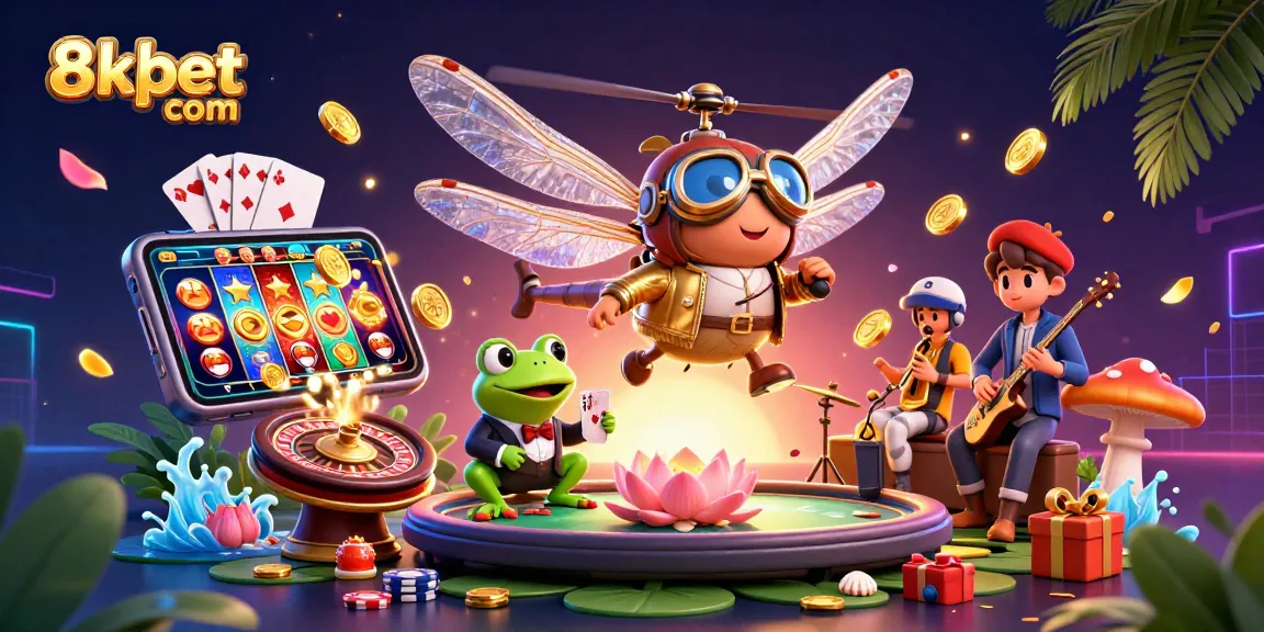 Engage with thrilling games at 8xbet com while a dragonfly pilot hovers above a vibrant lily pad casino.
