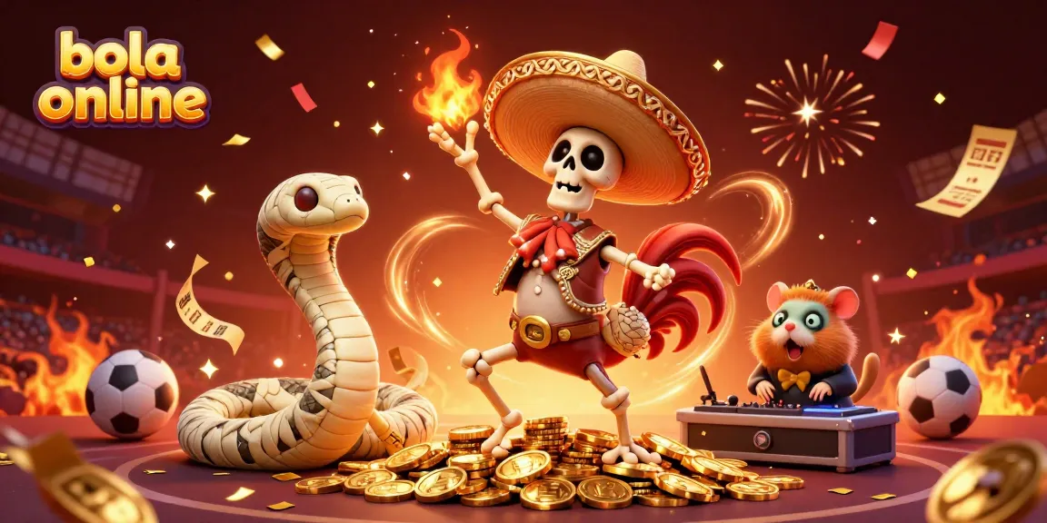 Join the excitement of bola online with a vibrant scene featuring a mariachi rooster and festive elements.