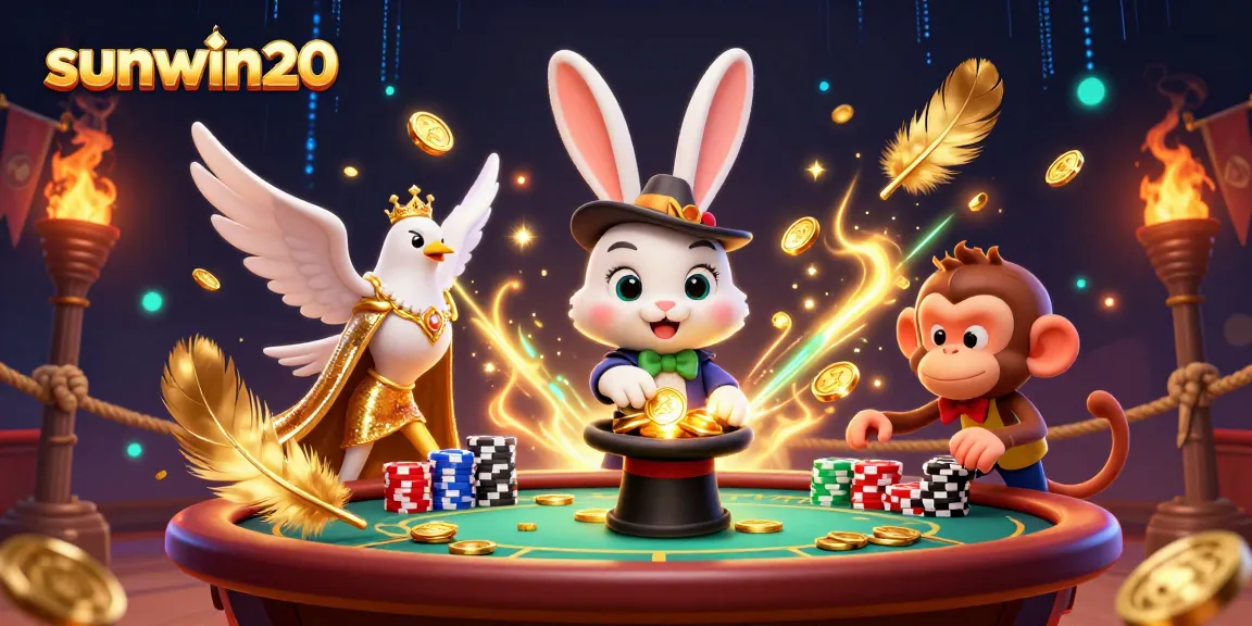 Join the action of sunwin20 as a magician rabbit and friends celebrate winning poker chips in a vibrant casino.