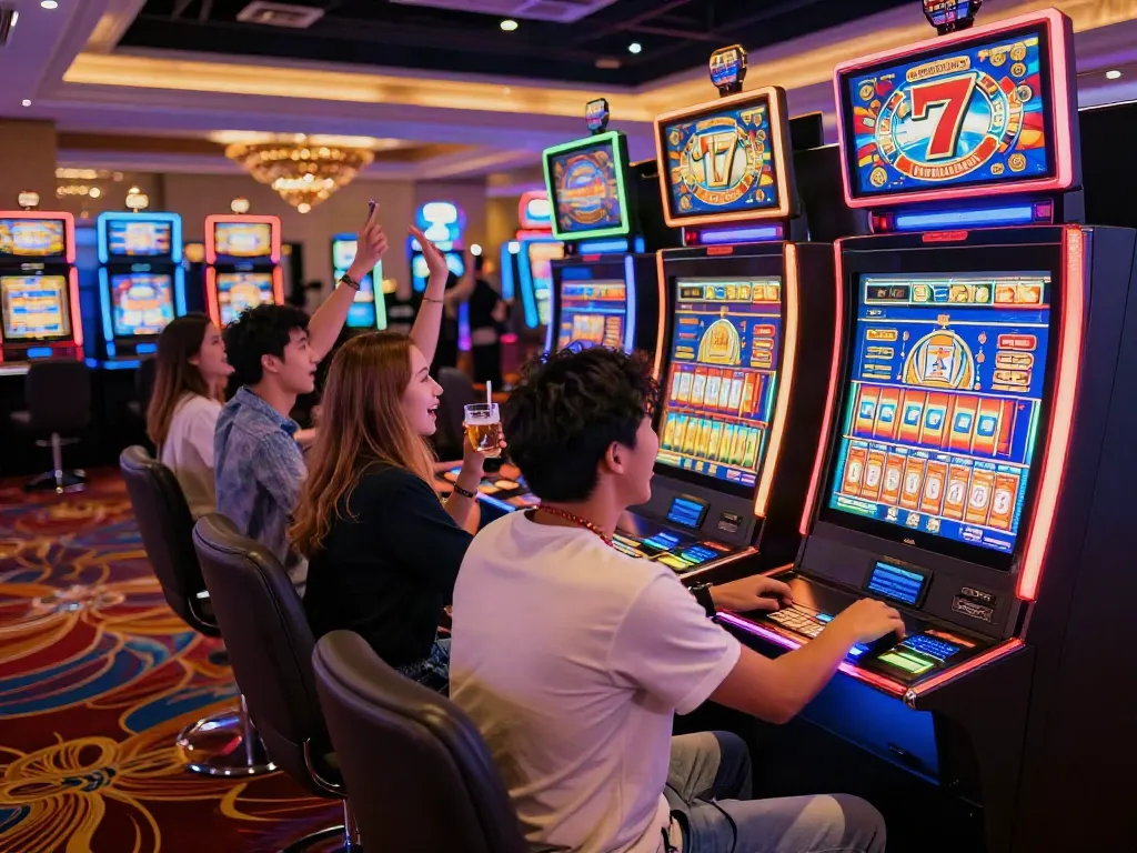 Permainan slot777 yang meriah di kasino, pemain merayakan kemenangan dengan suasana meriah.