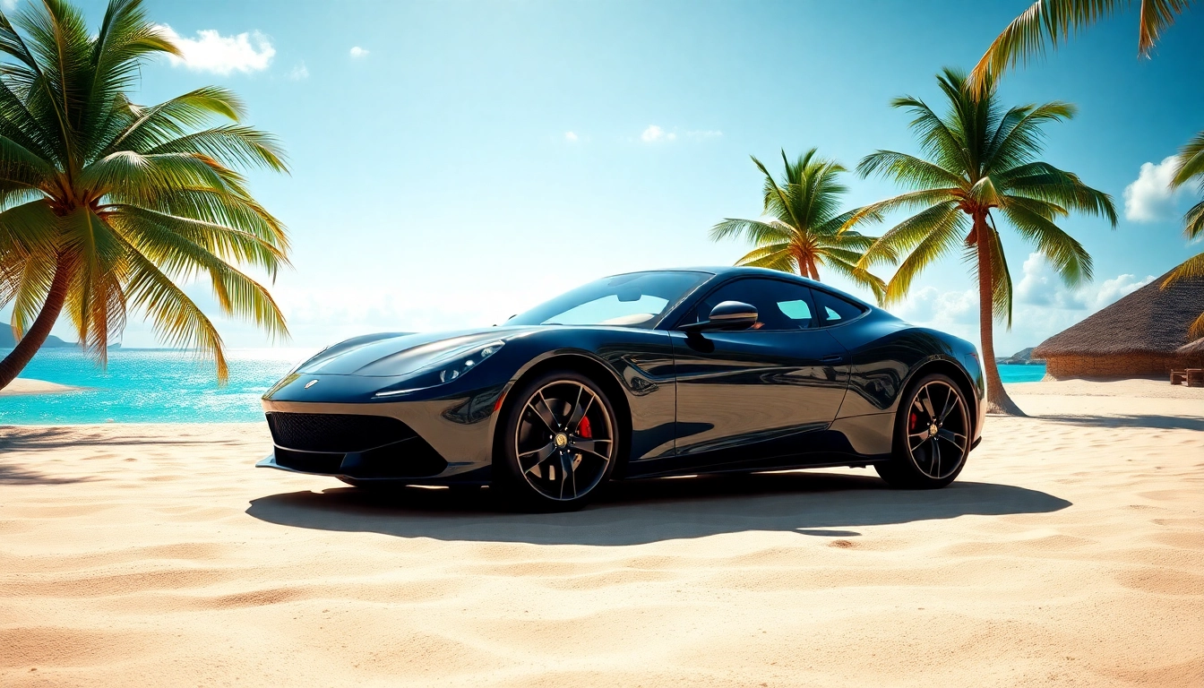 Experience the best car rental saint barth service on a tropical beach with palm trees and sunshine.