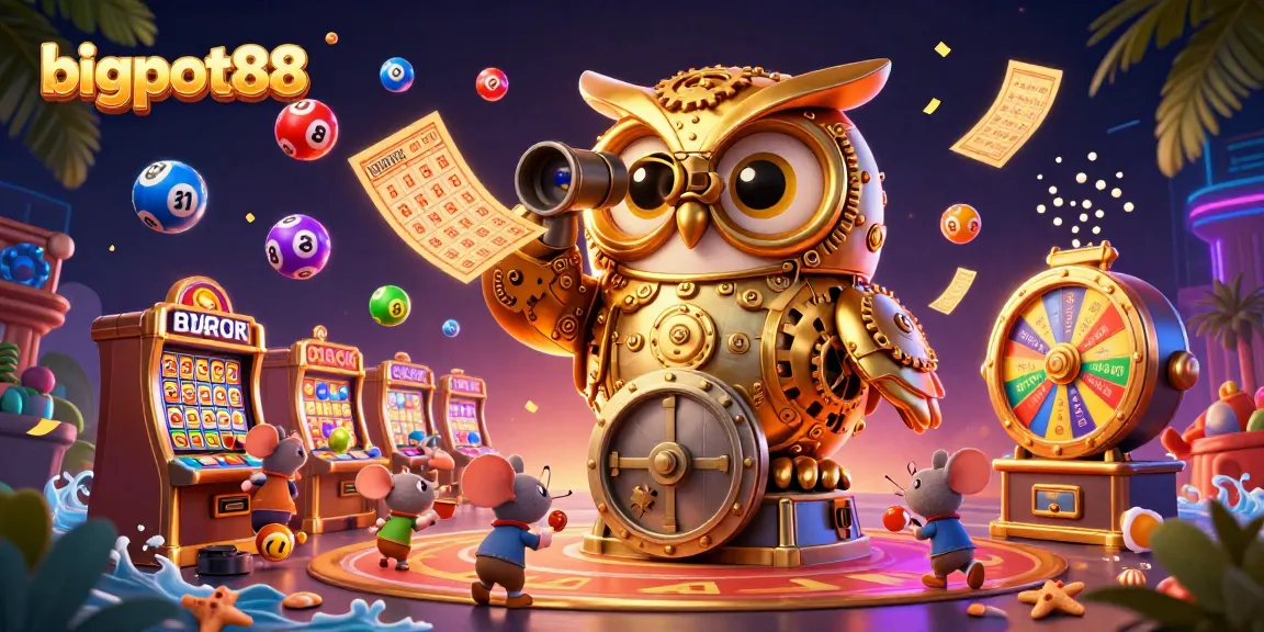 Experience the thrill of bigpot88 with an intricate casino scene filled with animated characters and colorful elements.