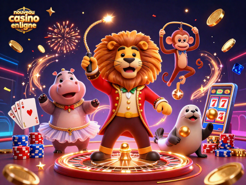 Découvrez l'expérience immersive d'un nouveau casino en ligne avec un lion maître de cérémonie, un hippopotame acrobatique, et des éléments de jeu captivants.