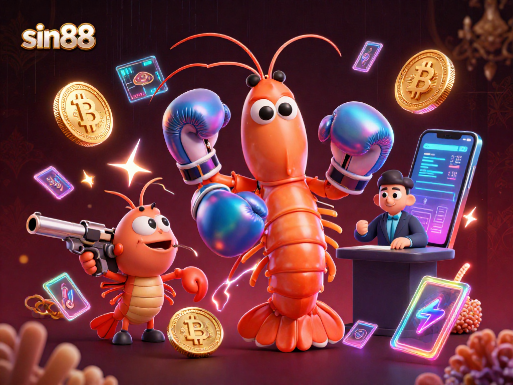Engage in winning strategies with sin88's vibrant casino experience, featuring fun shrimp characters and crypto elements.