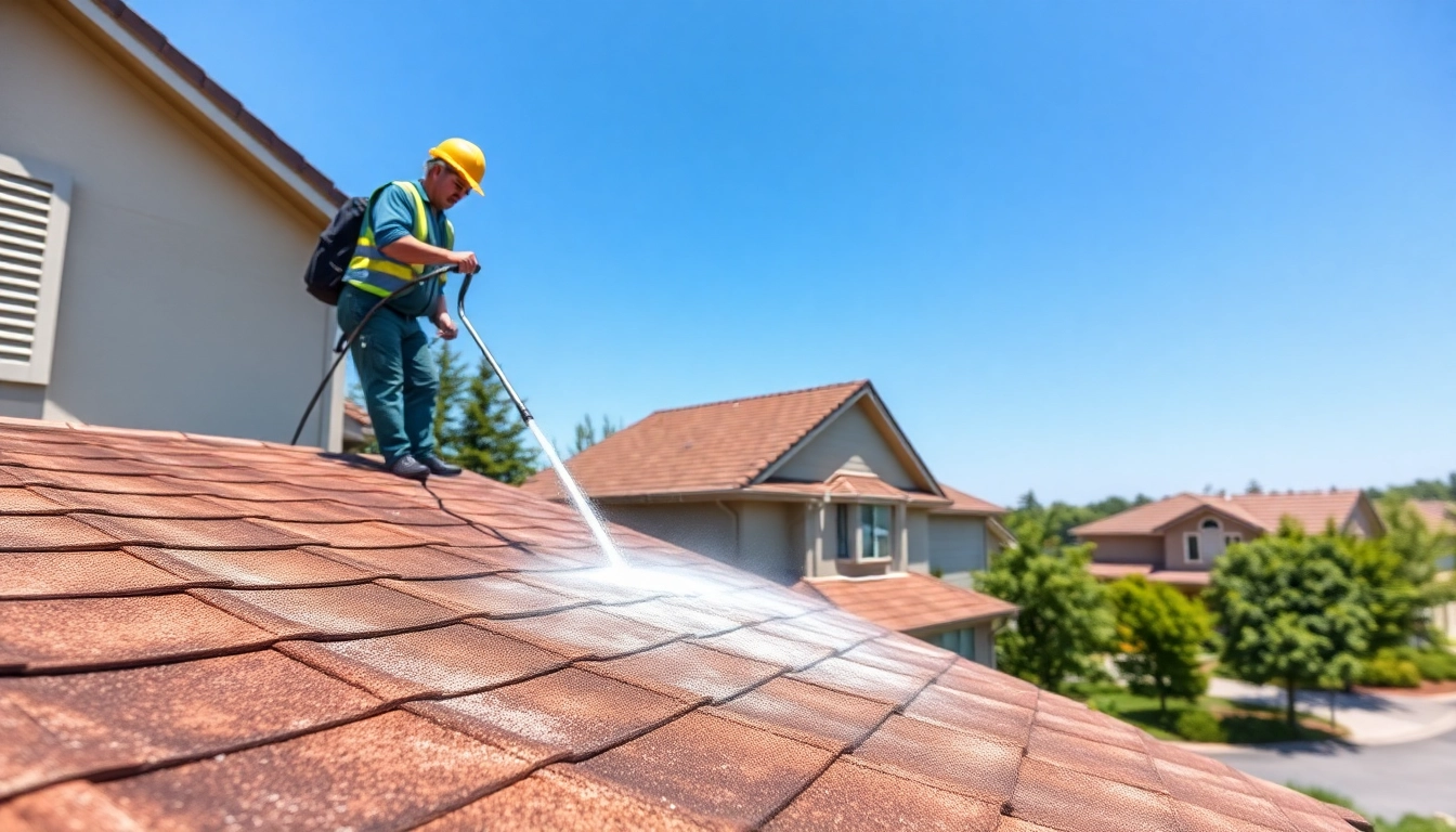 Roof Cleaning service in progress, depicting a technician safely cleaning a residential roof.
