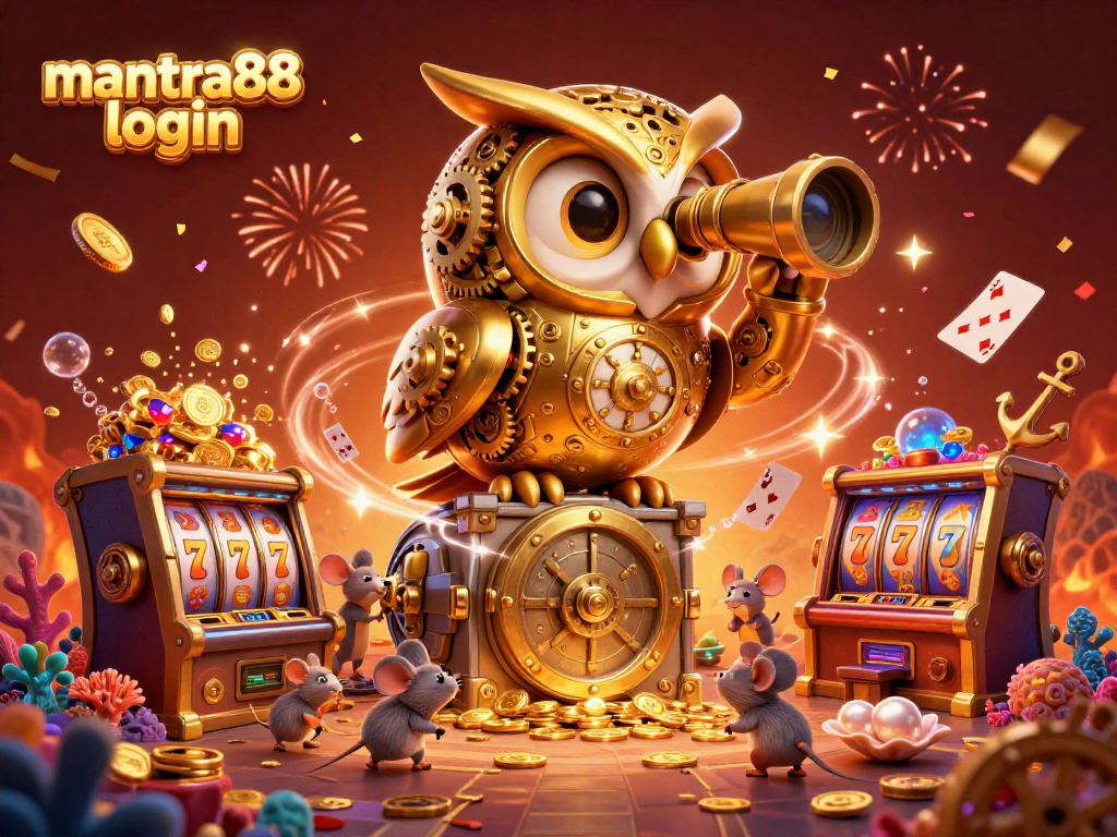 Experience excitement at mantra88 login with a golden owl and jackpot themes in a vibrant casino world.