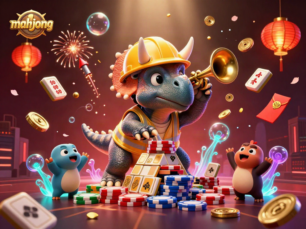 Engage in mahjong excitement in this vibrant 3D casino illustration featuring joyful characters.