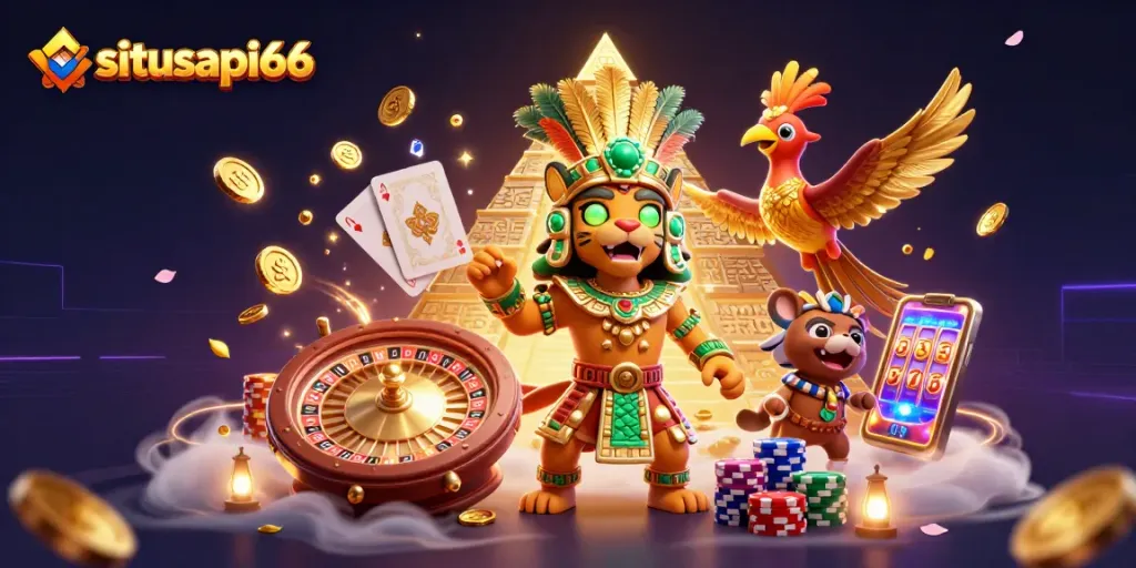 Situsapi66 offers thrilling casino games with a vibrant scene of treasures, spinning roulette, and winning cards