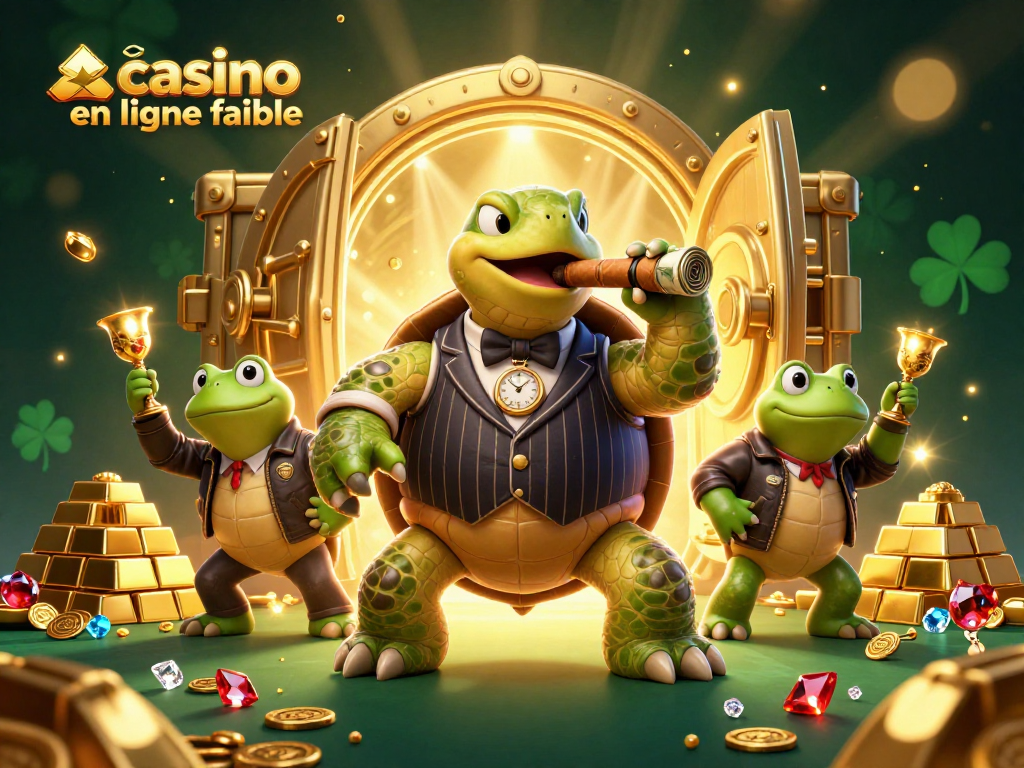 Casino en ligne fiable avec une tortue géante en costume de mafieux et des grenouilles, illuminant un coffre au trésor débordant.