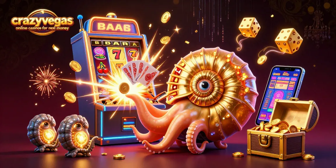 A vibrant scene showcasing crazyvegas online casinos for real money with a 3D nautilus turning as a roulette wheel amidst jackpots and casino elements.