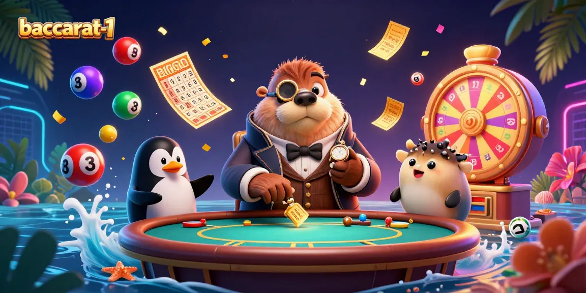 Experience thrilling gameplay at baccarat-1 with a fun 3D illustrated scene featuring key casino elements.