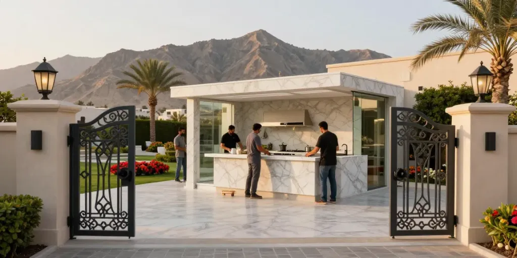 Custom cast aluminium gates and beautiful railings designed by Al Taher Group installed in a Fujairah villa's outdoor space.