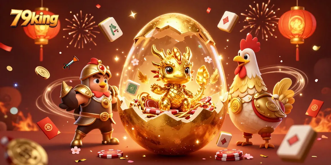 Experience the thrill of 79king with a golden dragon guarding poker chips and festive decorations.