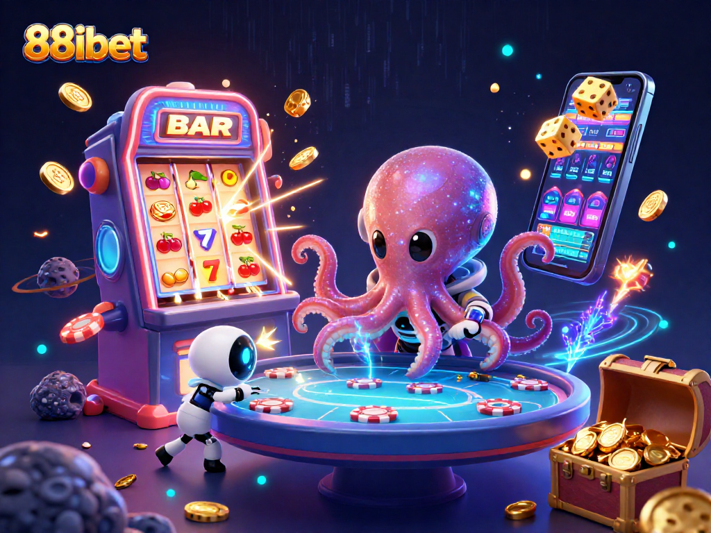 Experience dynamic gameplay at 88ibet with an alien octopus managing a holographic poker table amidst casino excitement.
