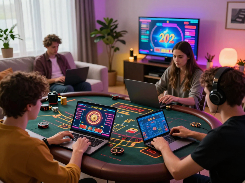 Exciting crypto casino scene with players engaging in live dealer games from home.