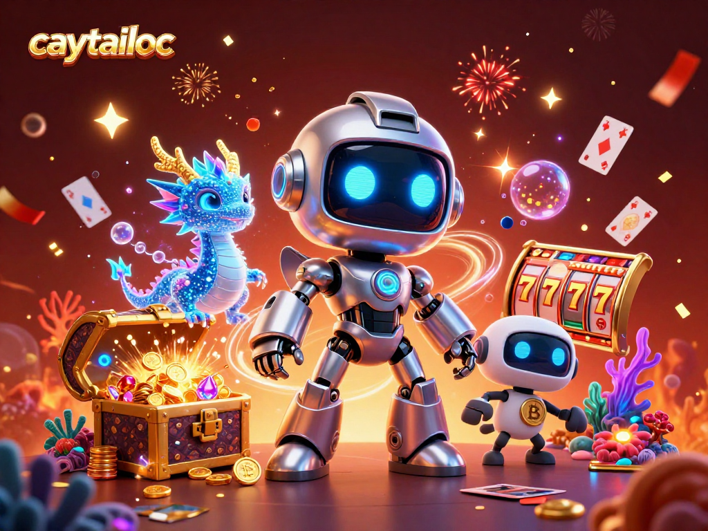 Experience the excitement of caytailoc slots with a dynamic 3D casino scene featuring jackpot reels and colorful treasures.
